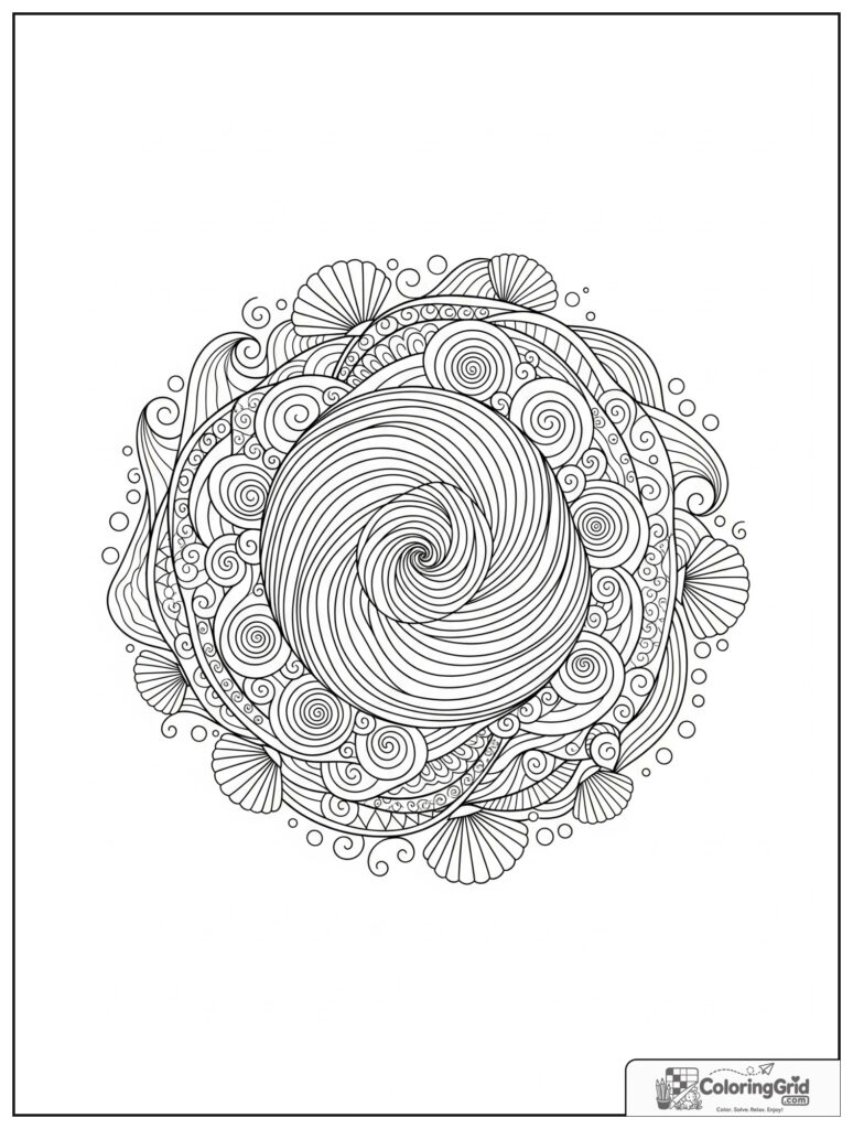 Ocean breath mindfulness mandala with waves, shells, and zentangle patterns