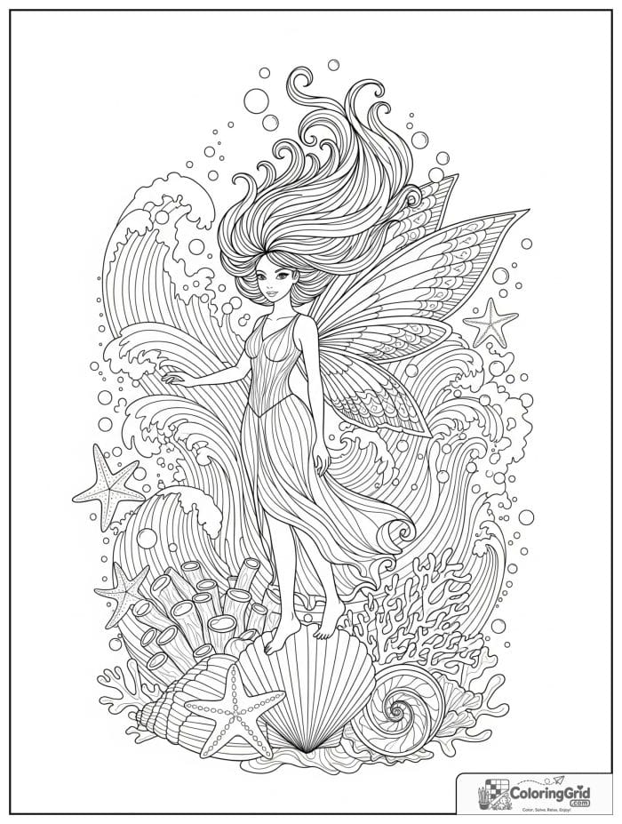 Fairy coloring page featuring an ocean fairy with seashells.
