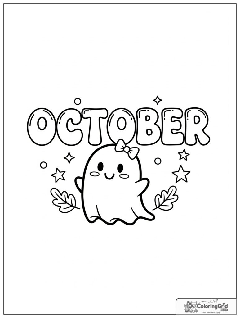 Cute October friendly ghost with small star decorations.