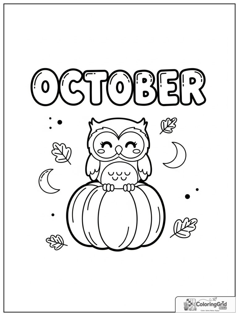 Cute October owl on a pumpkin with small moon decorations.
