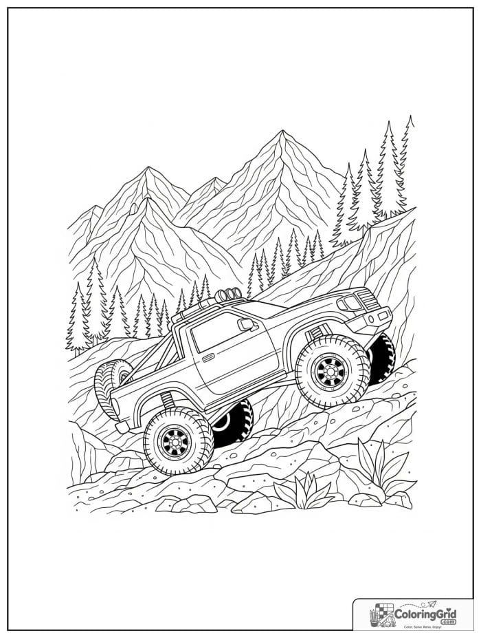 Truck coloring page featuring an off-road truck on a mountain trail.