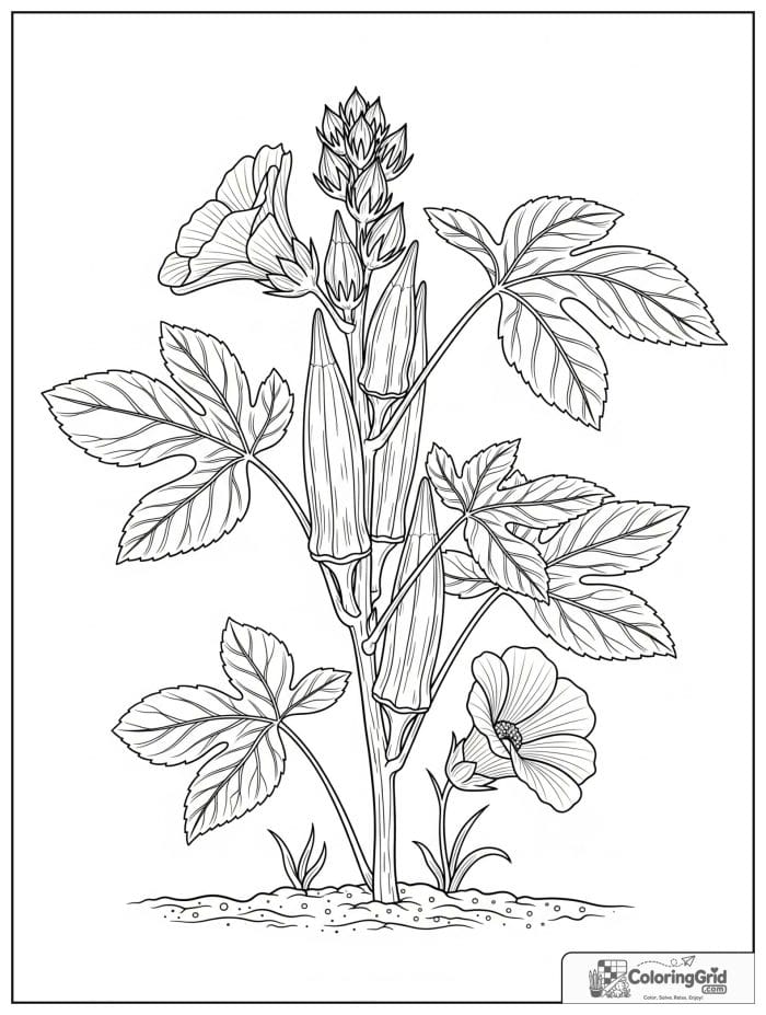 Vegetable coloring page featuring okra pods growing on a stem.