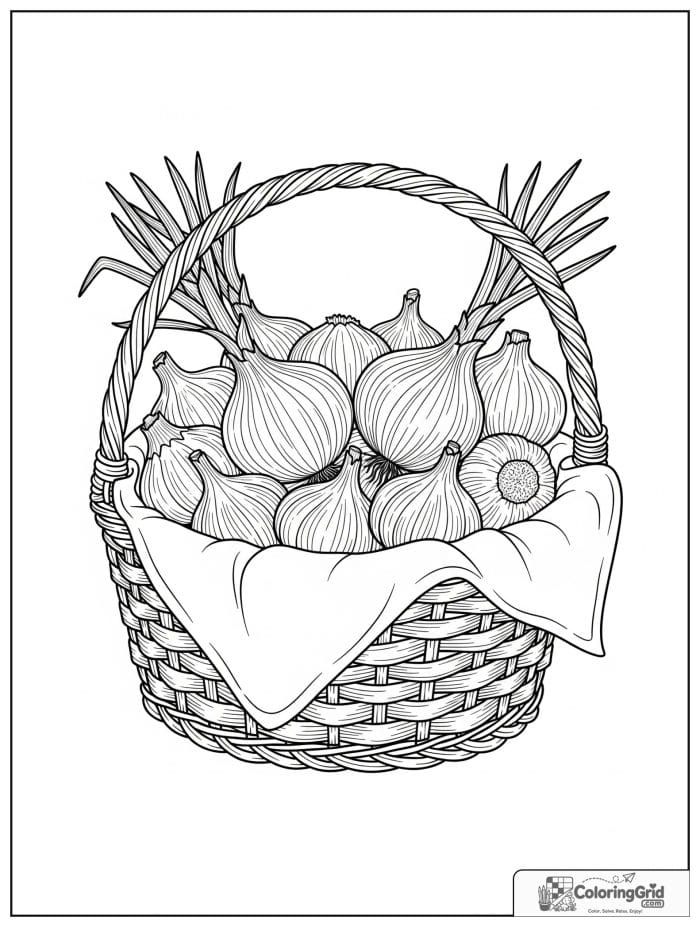 Vegetable coloring page featuring onions and garlic in a basket.