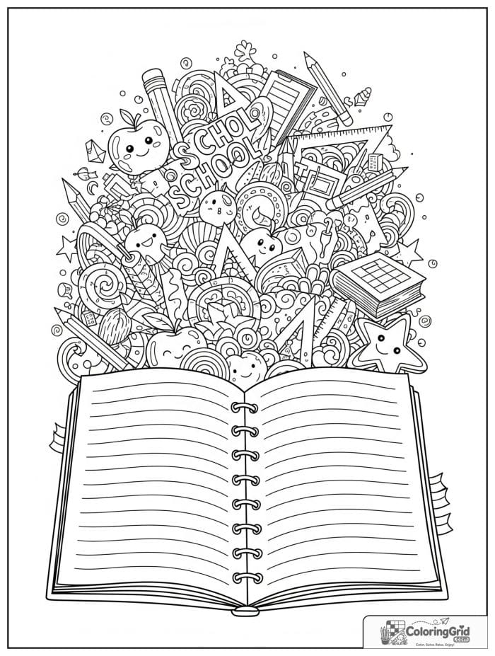 Back to school coloring page featuring an open notebook with school doodles.
