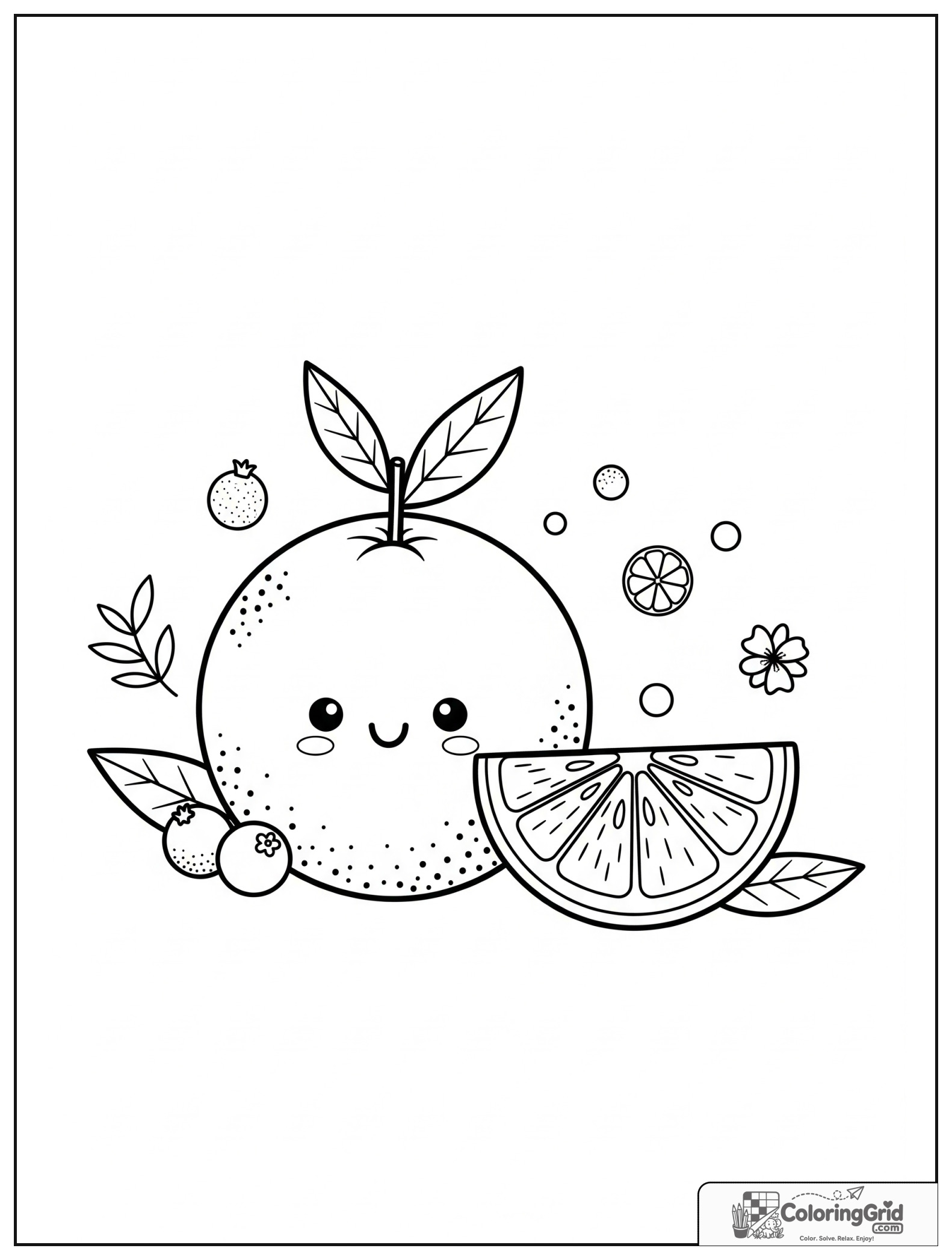 Cute orange with an orange slice and small leaf decorations.