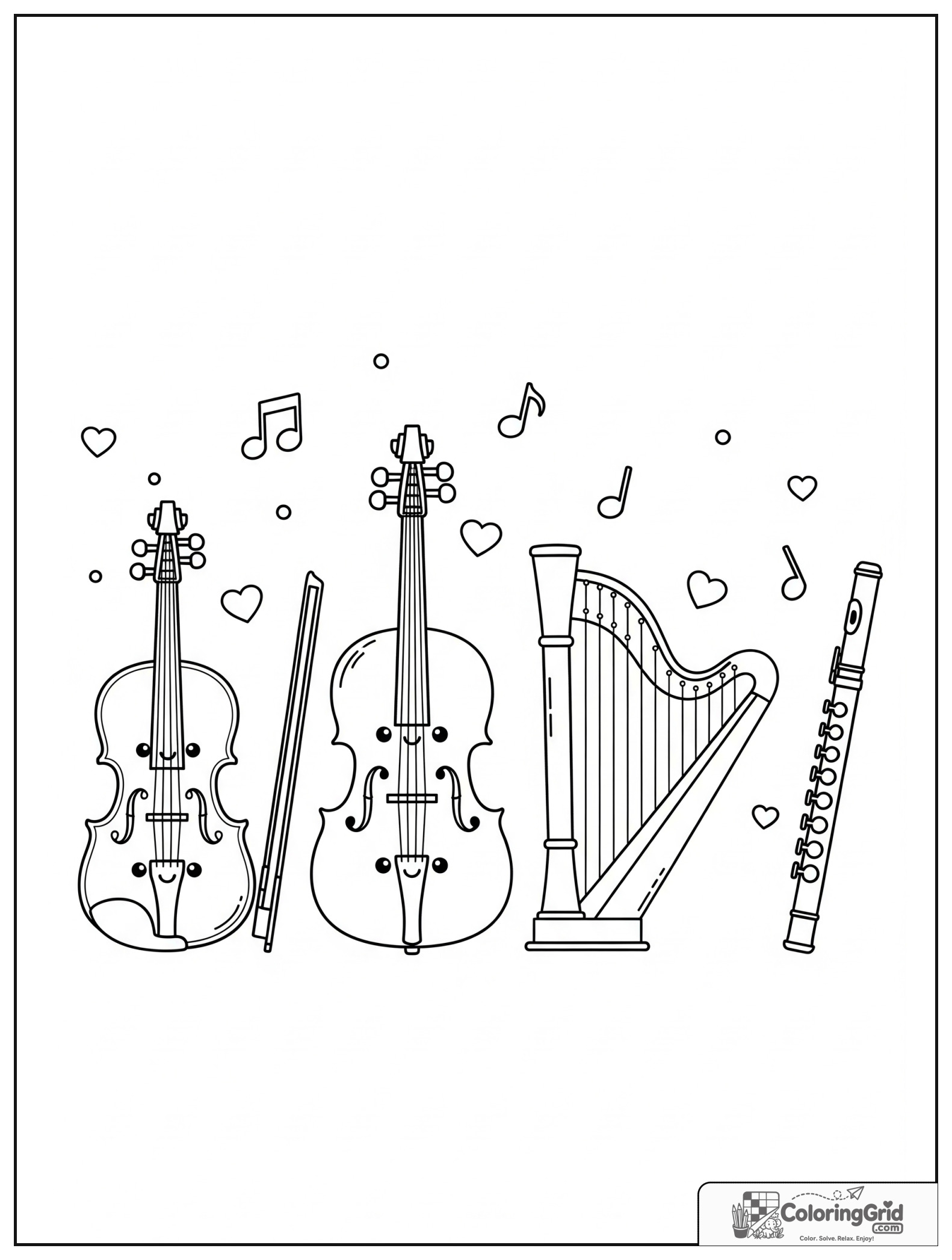 Cute orchestra instruments lineup with small heart and music note decorations.
