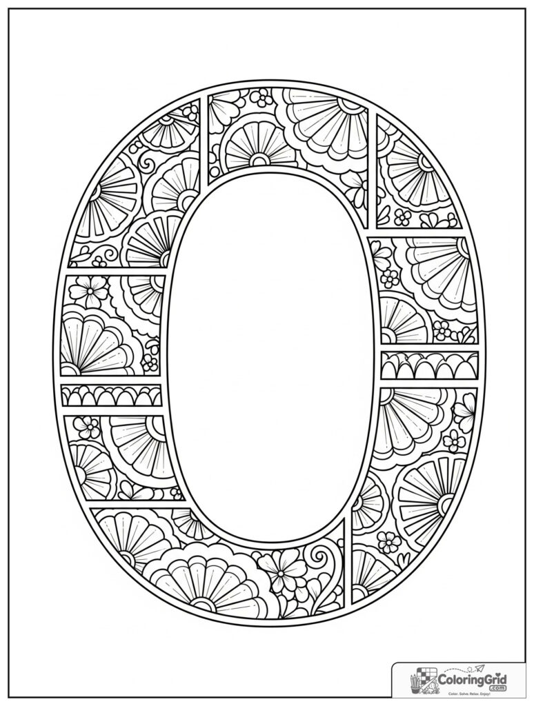 Ornamental letter O adult alphabet coloring design with fan patterns