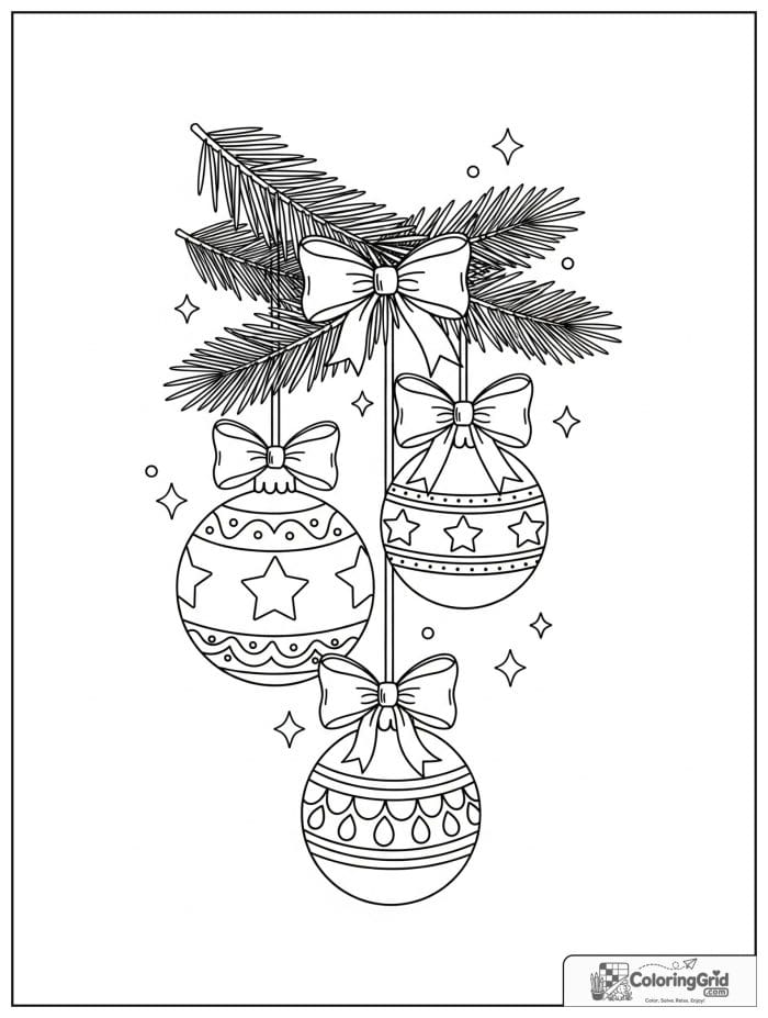 Cluster of three hanging Christmas ornaments on a pine branch.