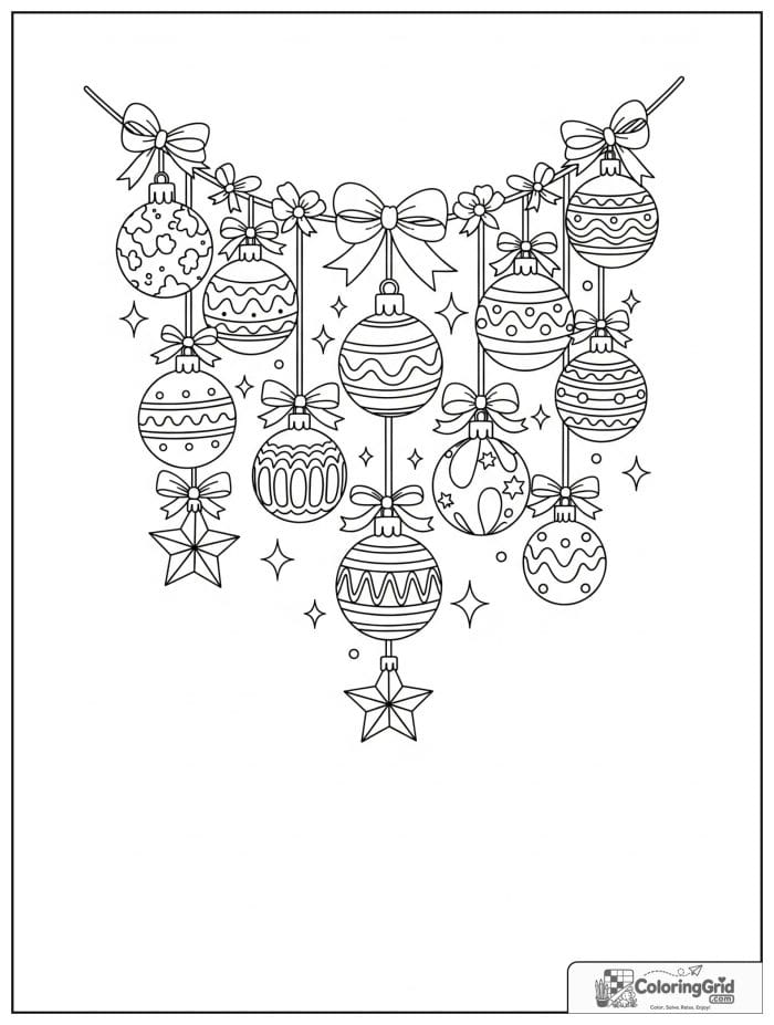 Garland of hanging Christmas ornaments with ribbons.