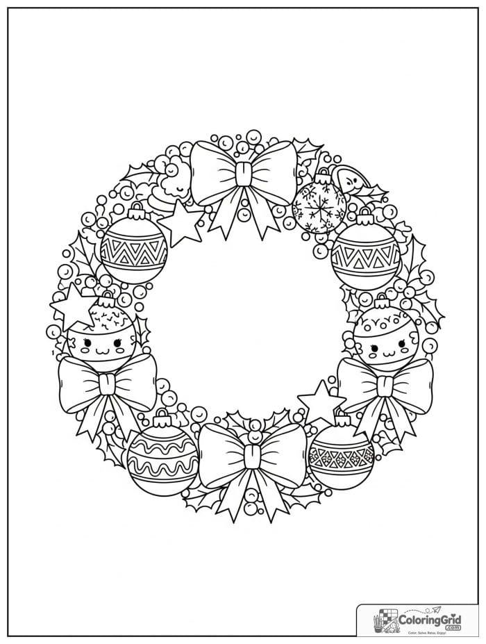 Circular arrangement of Christmas ornaments forming a wreath.