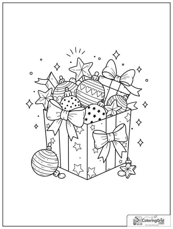 Gift box filled with Christmas ornaments and bows.