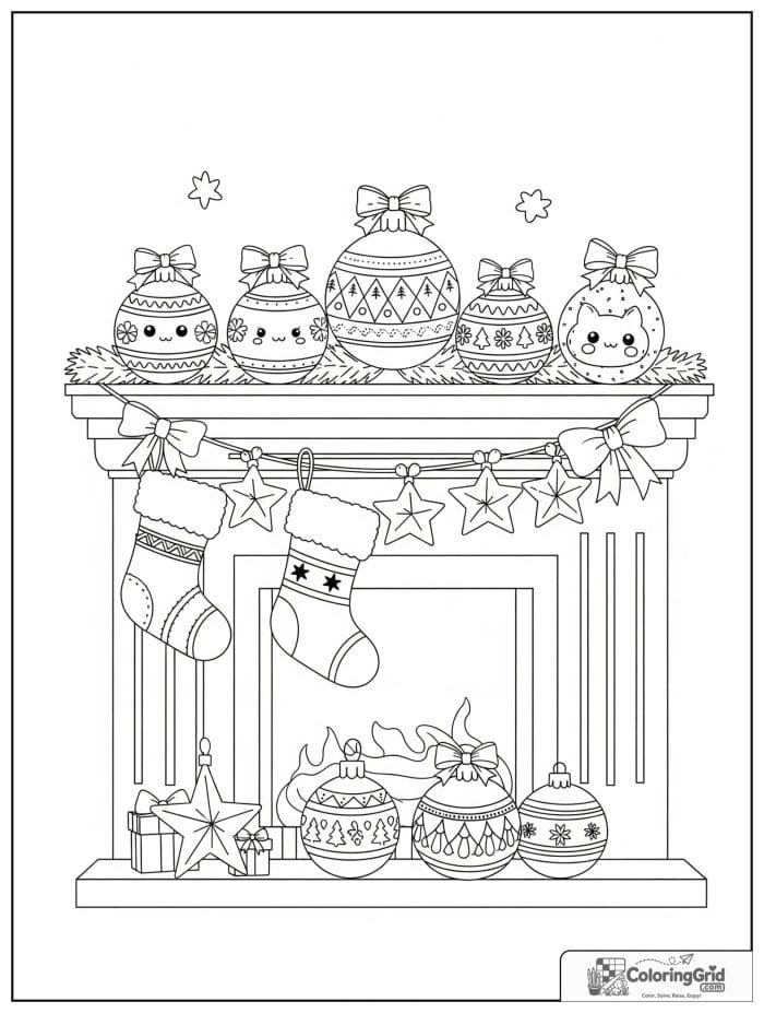 Christmas ornaments displayed on a cozy fireplace mantel.