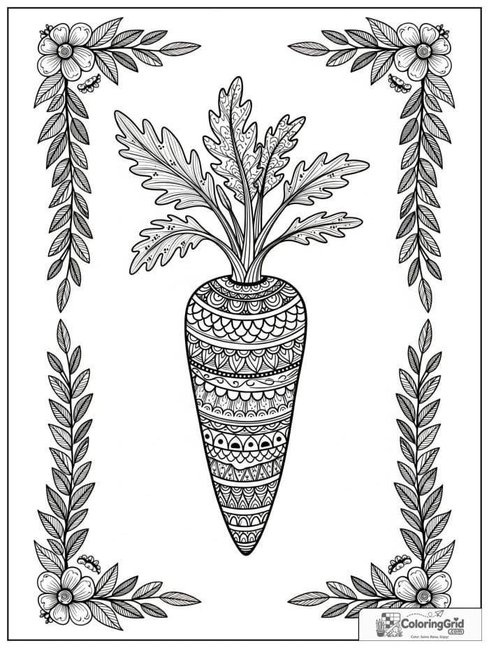 Ornate carrot with leaf border black and white artwork