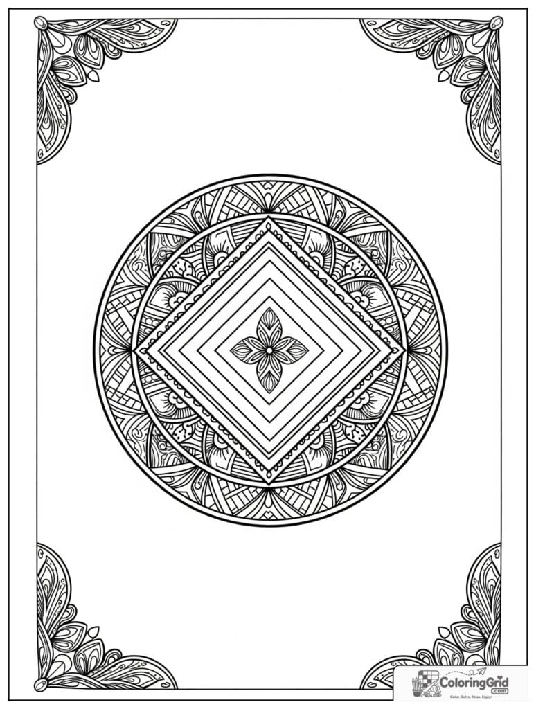 Ornate diamond sacred geometry mandala with zentangle lattice doodles