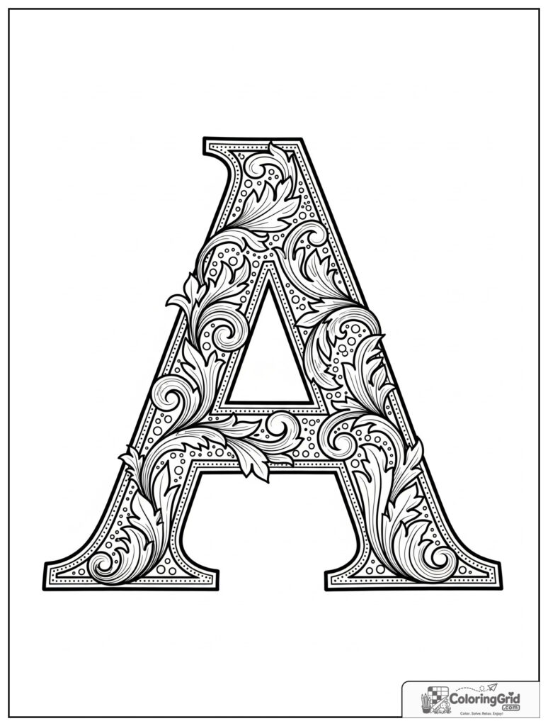 Ornate letter A adult alphabet coloring design with acanthus leaves