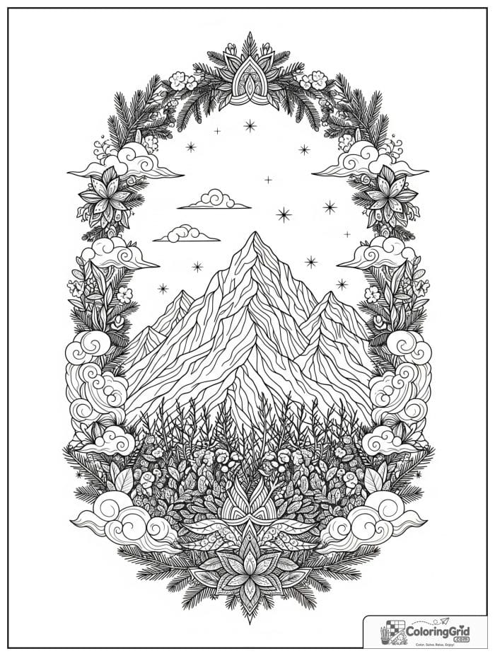 Ornate mountain border black and white artwork