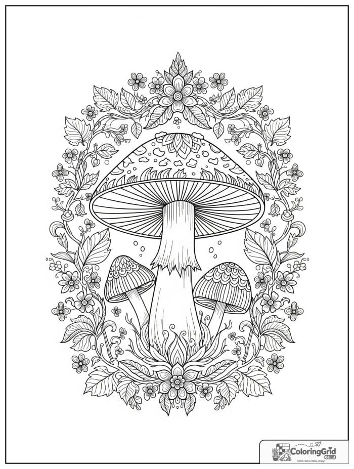 Ornate mushroom with leafy border black and white art