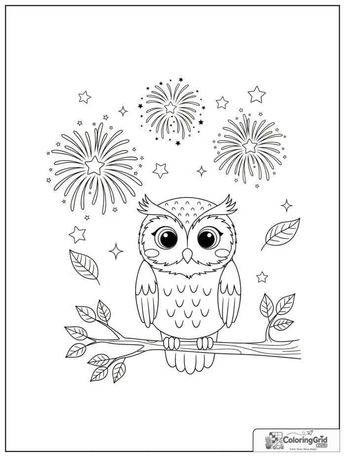 Cute owl on a branch with fireworks in the sky.