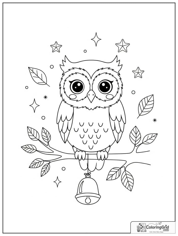 Cute owl on a branch with a hanging bell.