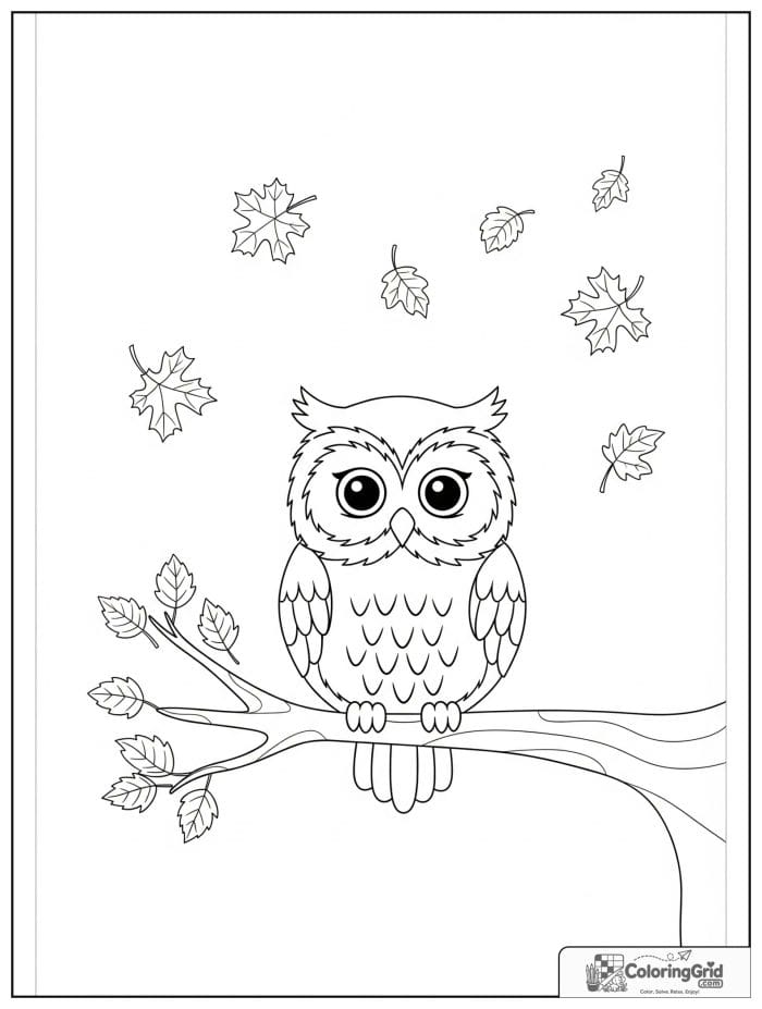 Fall Coloring Pages showing an owl on a branch with fall leaves.