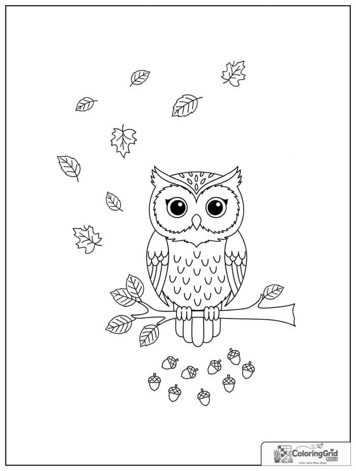 Autumn Leaves Coloring Pages featuring an owl on a branch with leaves.