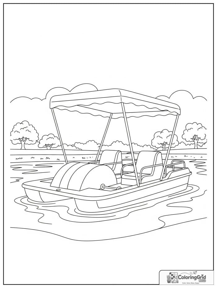 Boat coloring page featuring a fun paddle boat on a lake.