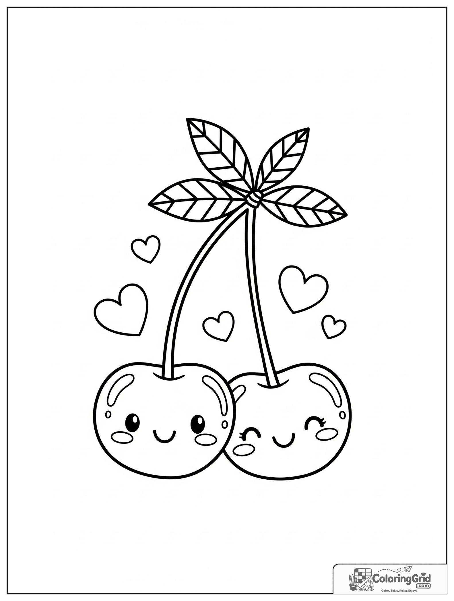 Cute pair of cherries with small heart and leaf decorations.