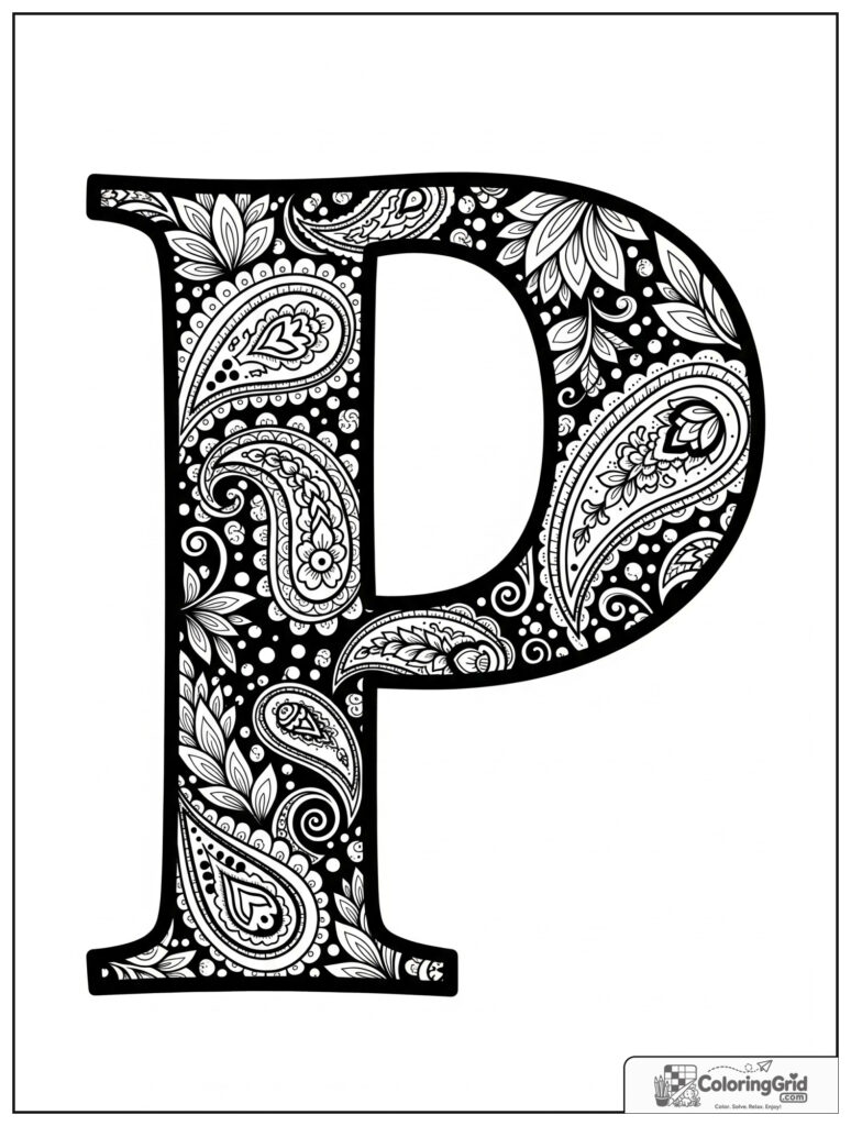 Paisley letter P adult alphabet coloring design with teardrop patterns