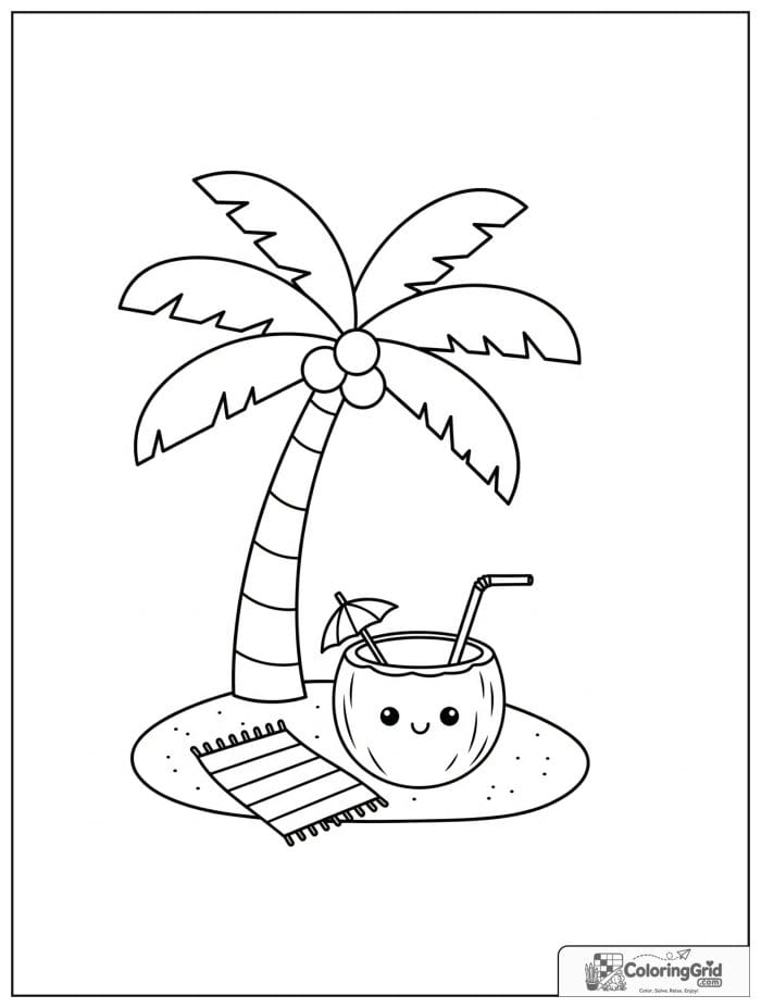 Summer Coloring Pages showing a palm tree and coconut drink.