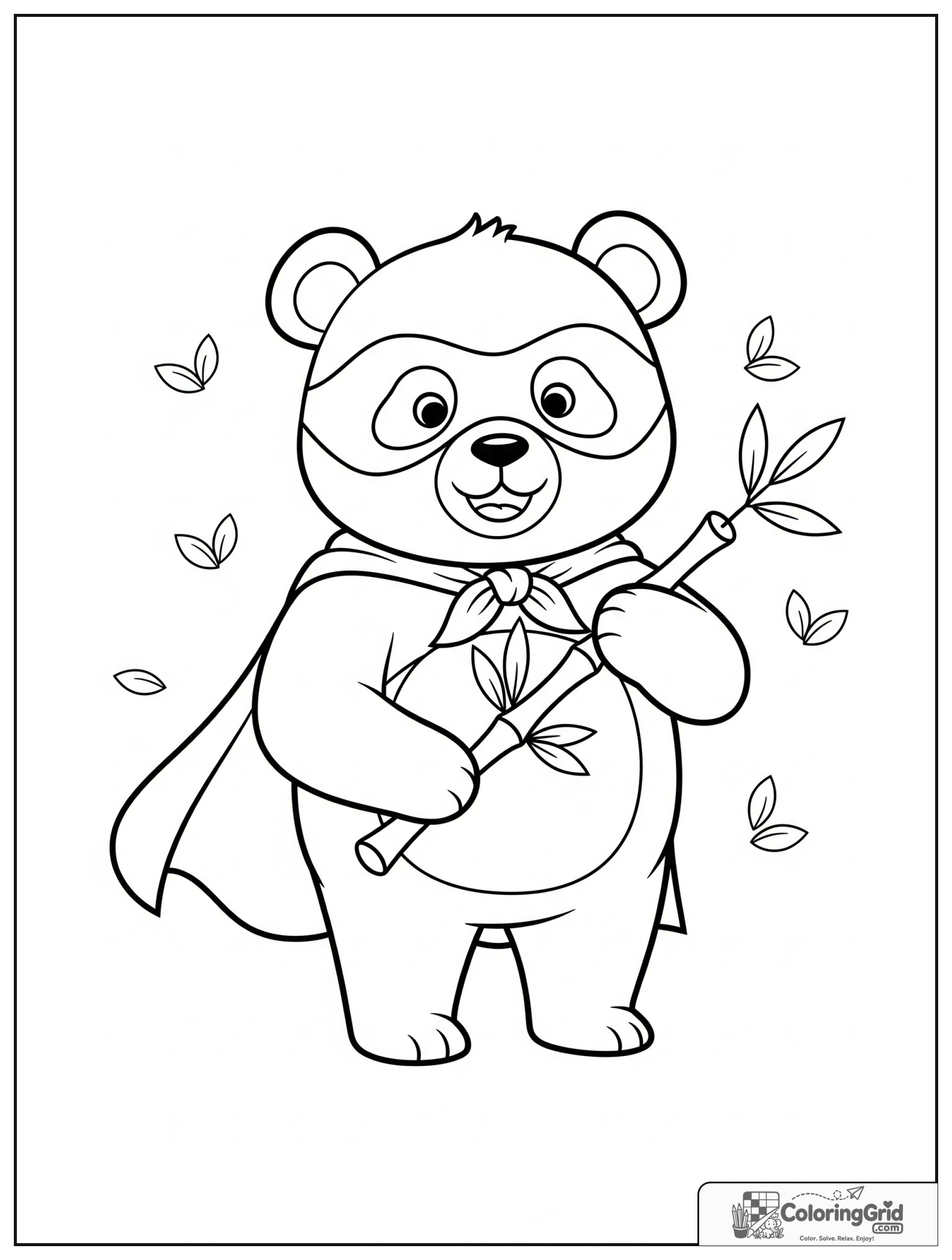 Cute panda superhero with bamboo and small leaf decorations in the background.