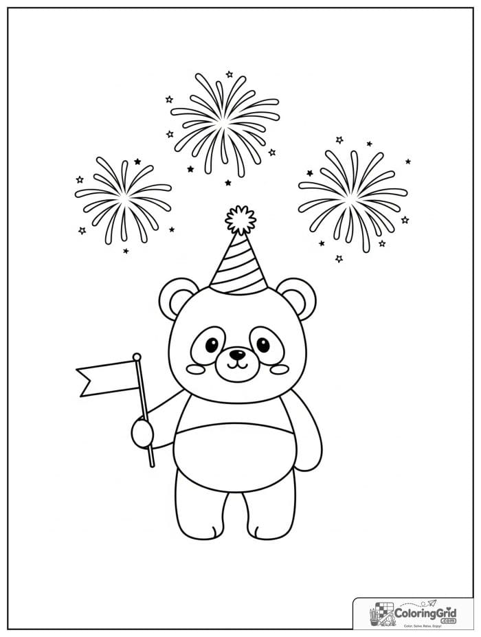 Cute panda with party hat under fireworks.