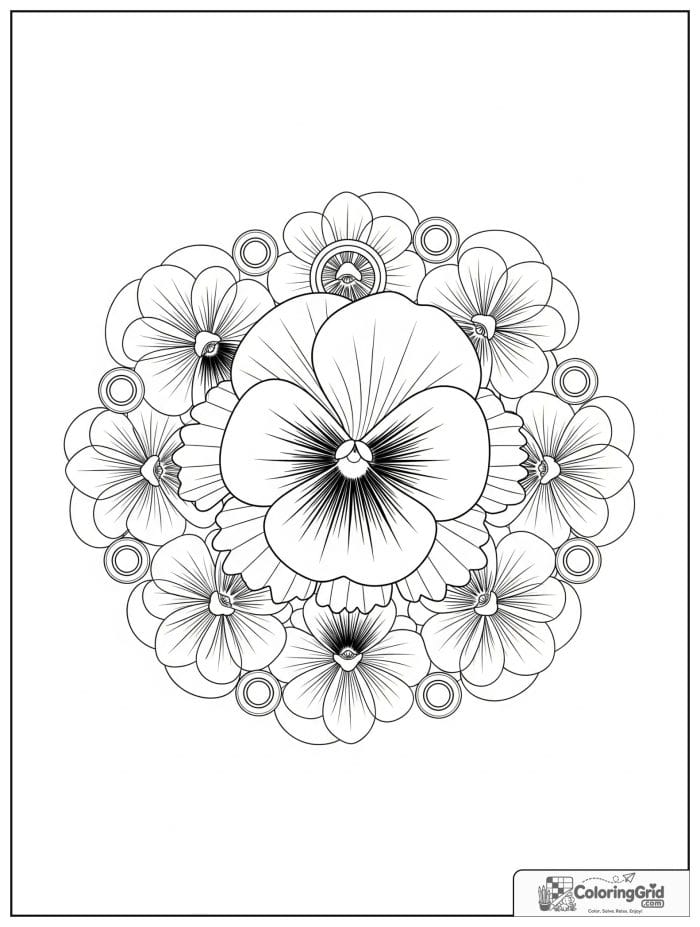 Flower mandala with pansy-style blossoms and rounded petals.