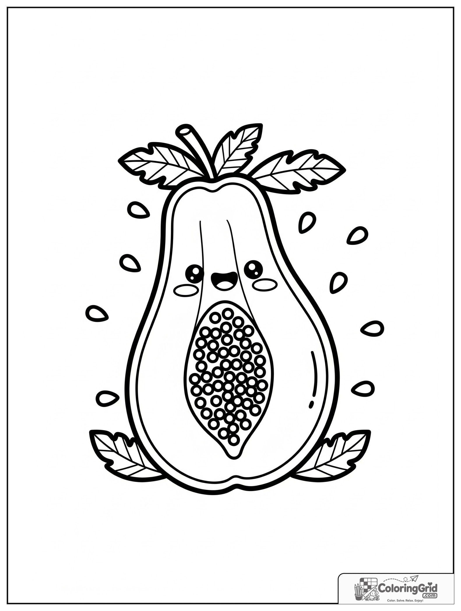 Cute papaya with seeds and small leaf decorations.