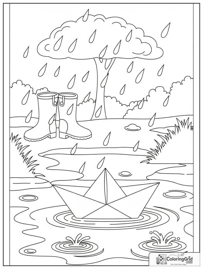 Boat coloring page featuring a paper boat in a rain puddle.