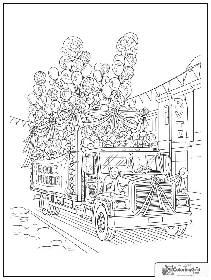 Truck coloring page featuring a parade truck with balloons and banners.