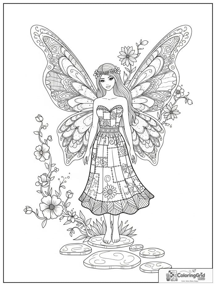 Fairy coloring page featuring a fairy with patchwork patterned wings.