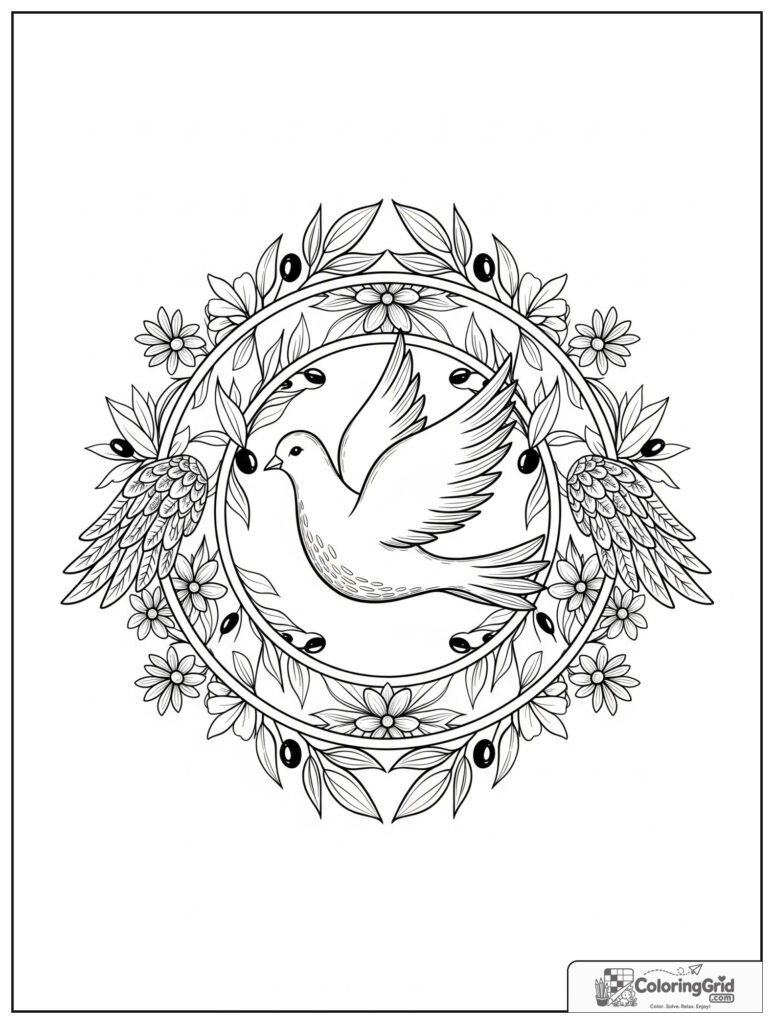 Peace dove mindfulness mandala with olive branch arcs and zentangle wings
