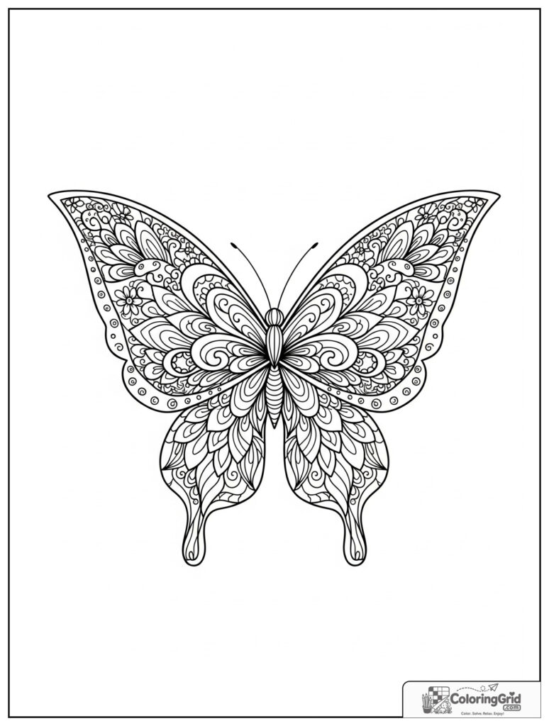 Peaceful butterfly mindfulness mandala with zentangle wing panels