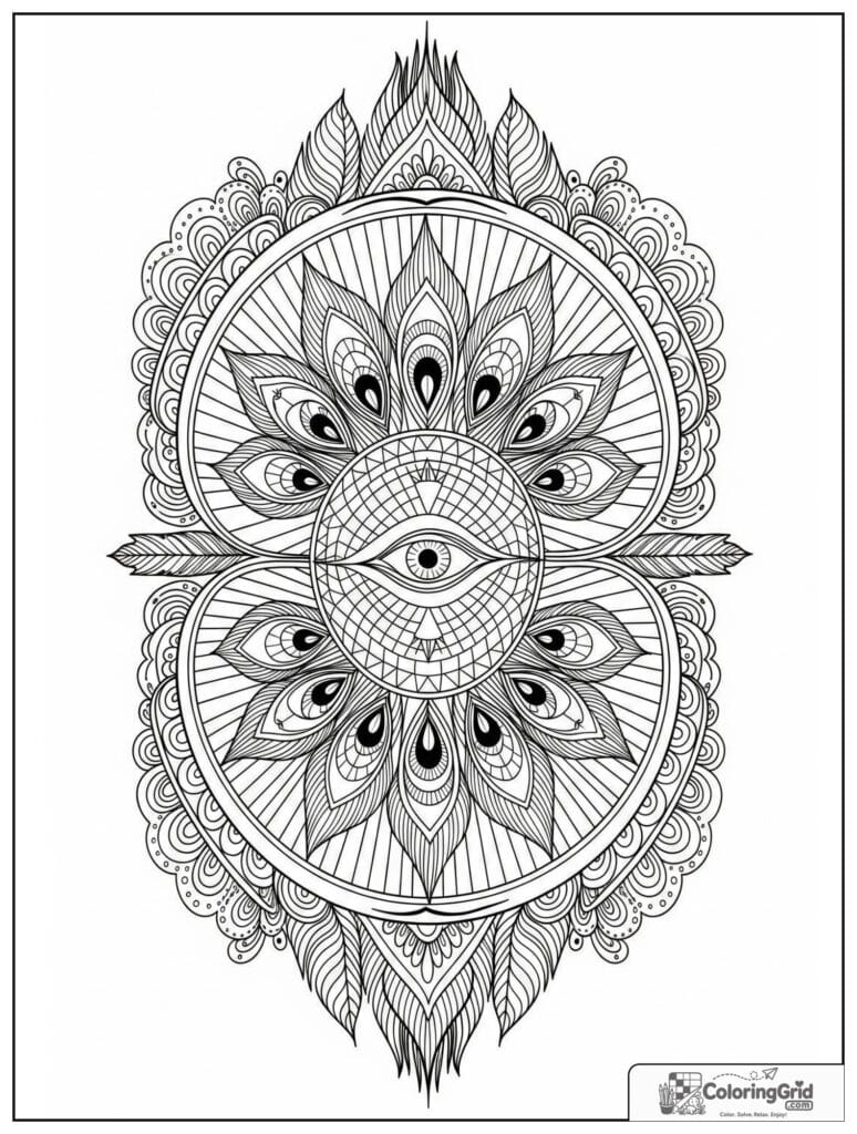 Peacock feather sacred geometry mandala with zentangle teardrops