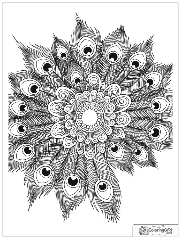 Mandala coloring page featuring a peacock feather design.