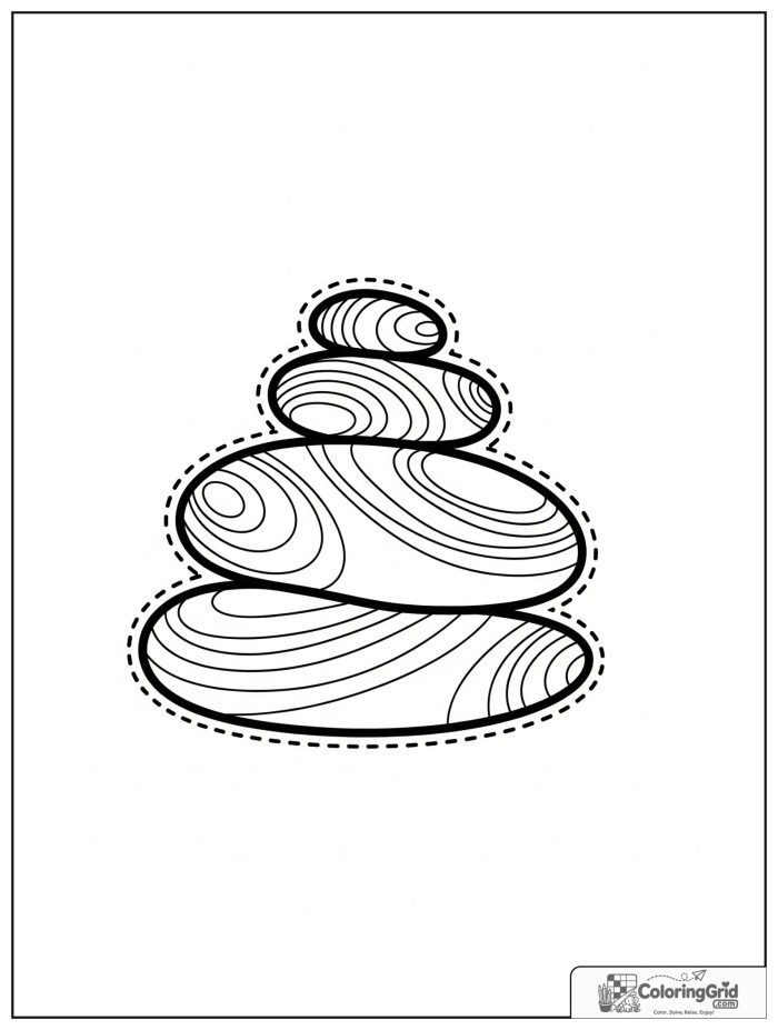 Relaxing pebble mandala with rounded stone shapes and ripple circles.