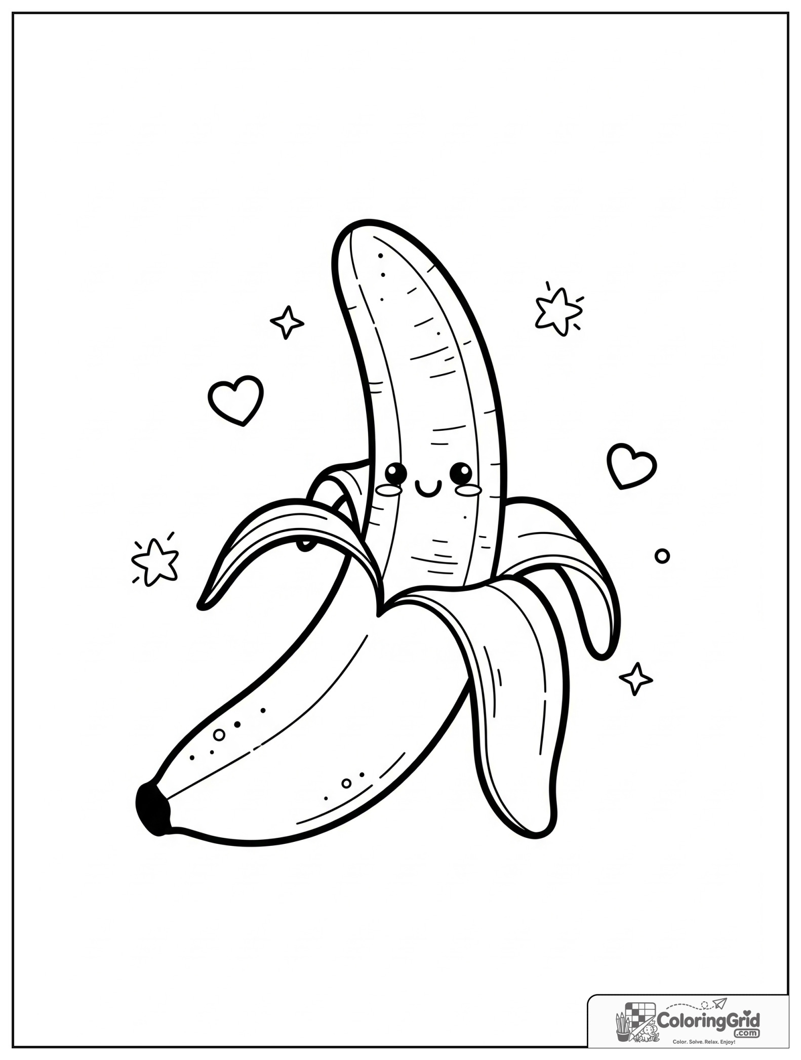 Cute peeled banana with small heart and star decorations.