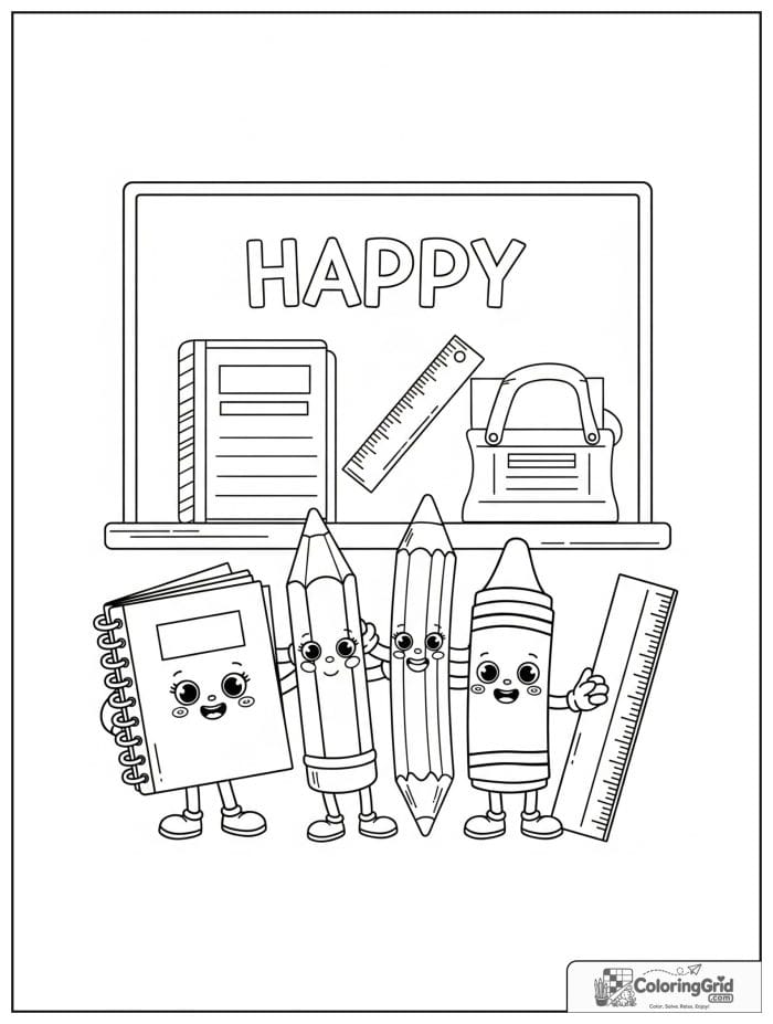 Back to school coloring page featuring cute pencil and crayon characters.