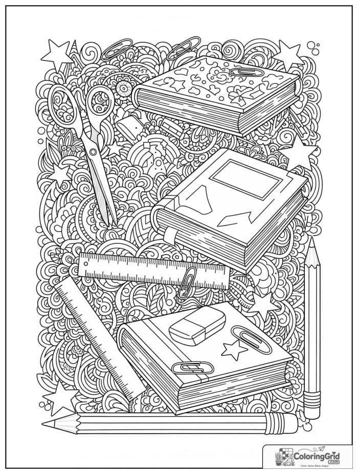 Back to school coloring page featuring a pencil border with school icons.