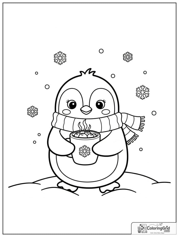 Winter Coloring Pages showing a penguin holding hot cocoa.