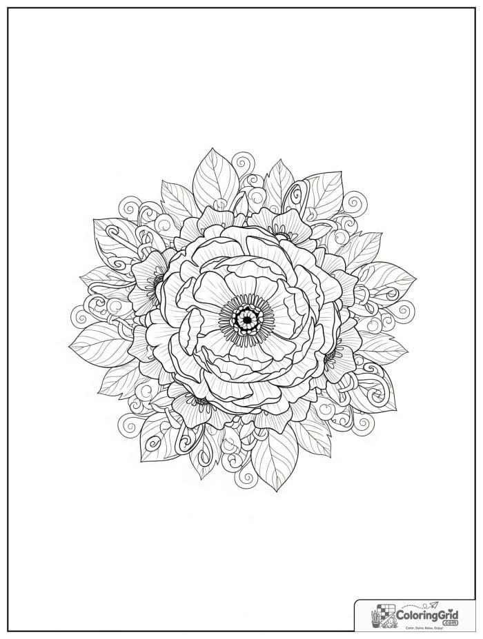 Flower mandala with lush peony petals and decorative leaf curls.