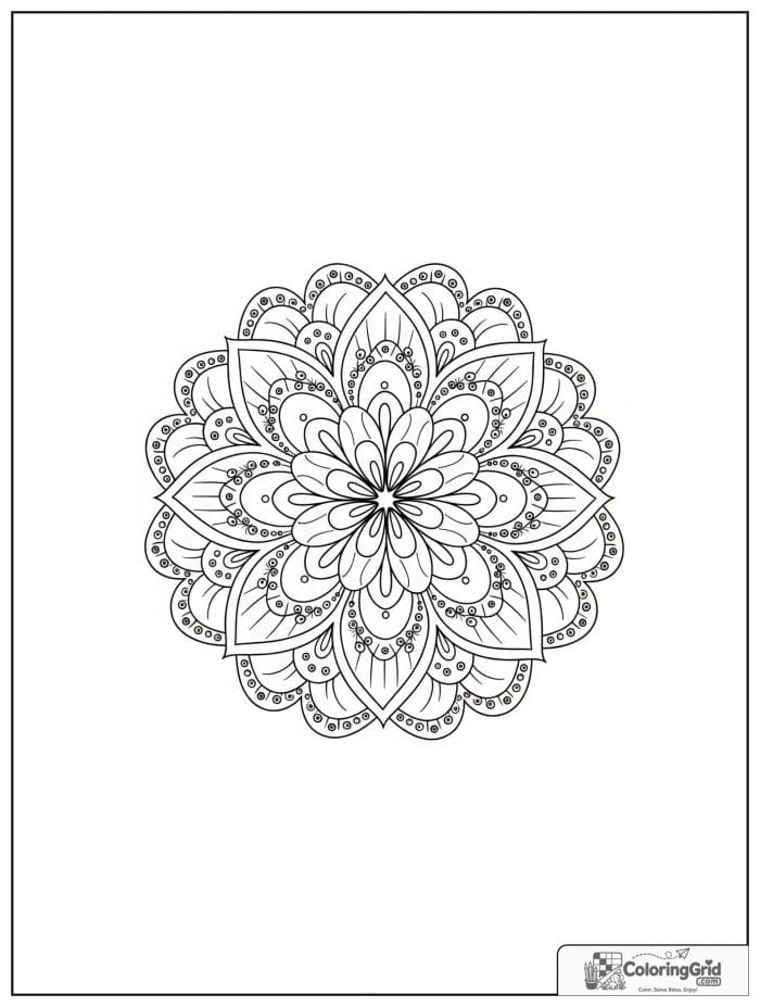 Easy mandala coloring page featuring petals and dot rings.