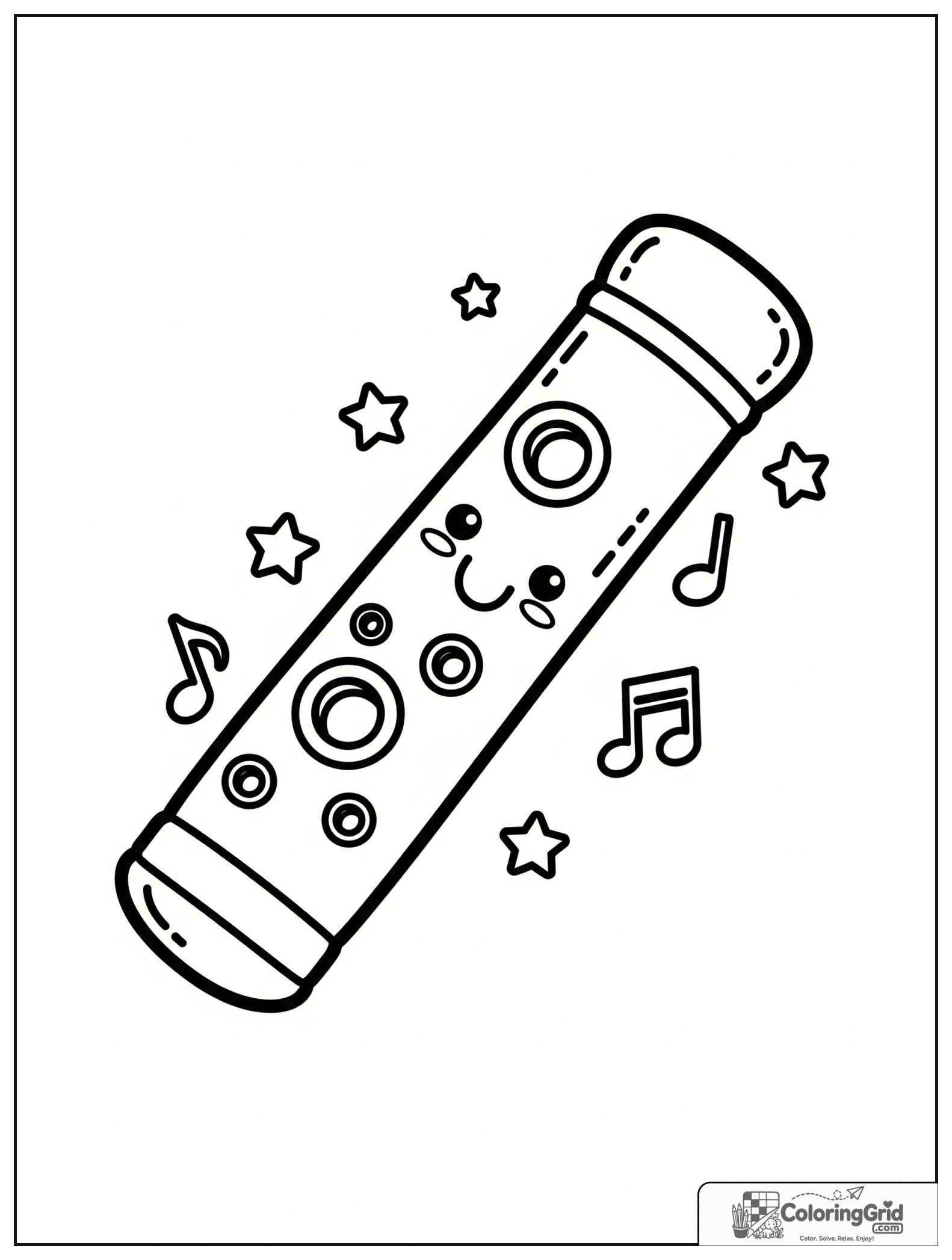 Cute smiling piccolo with small star and music note decorations.