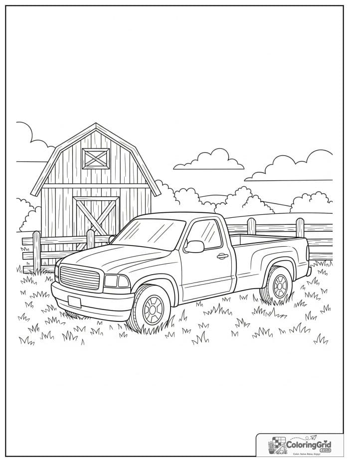 Truck coloring page featuring a pickup truck in a barn yard scene.