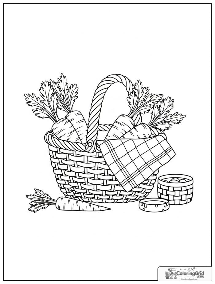 Picnic basket with carrots black and white line art